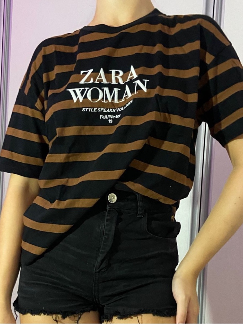 Zara Black and Brown Striped 'ZARA WOMAN' Logo Tee